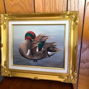 Vintage MCM Signed Green Wing Teal duck artwork beautiful framed painting .